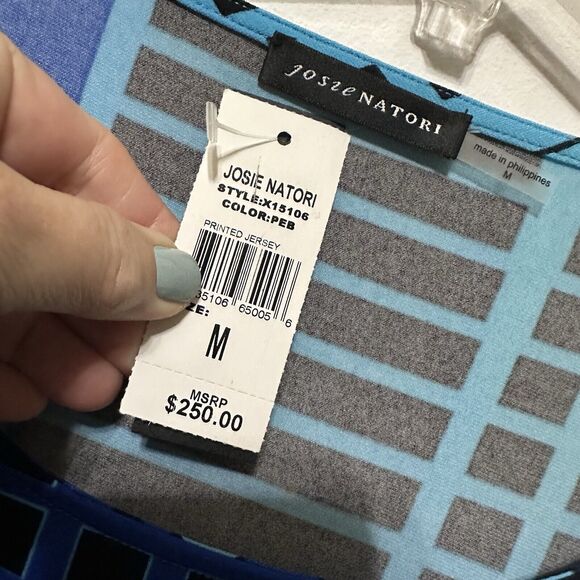 Josie Natori Popover Top Shirt M Stretch Knit Blue Geo Designer Long Sleeve NEW - Picture 6 of 11